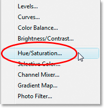 Adobe Photoshop Text Effects: Selecting 'Hue/Saturation' from the list of Adjustment Layers.