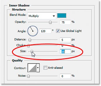 Adobe Photoshop Text Effects: Increasing the size of the Inner Shadow effect.