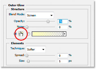 Adobe Photoshop Text Effects: Clicking on the color swatch for the Outer Glow layer style