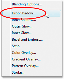 Adobe Photoshop Text Effects: Selecting Drop Shadow from the list of Layer Styles.