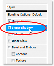 Adobe Photoshop Text Effects: Choose 'Inner Shadow' from the list of Layer Styles on the left