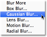 Selecting the Gaussian Blur filter in Photoshop. Image © 2011 Photoshop Essentials.com.