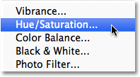 Choosing a Hue/Saturation adjustment layer in Photoshop. Image © 2011 Photoshop Essentials.com.