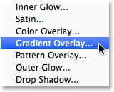 Selecting a Gradient Overlay layer style. 