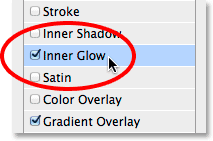 Selecting the Inner Glow layer style. 