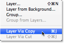 Selecting the New Layer via Copy command from the Layers menu. 