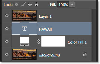 The Layers panel showing the Type layer moved below Layer 1. 
