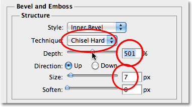 The Bevel and Emboss options in the Layer Style dialog box. Image © 2010 Photoshop Essentials.com.