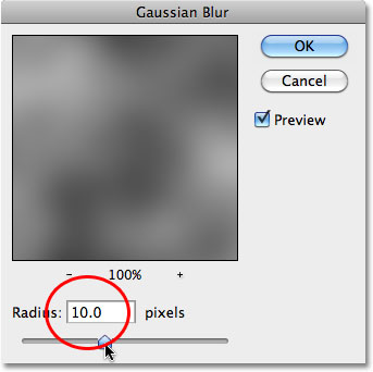 The Gaussian Blur dialog box in Photoshop. Image © 2010 Photoshop Essentials.com.