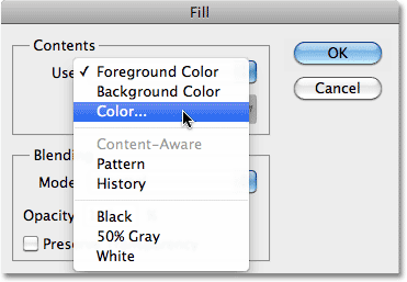 The Fill command dialog box in Photoshop. Image © 2010 Photoshop Essentials.com.