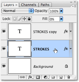 Selecting the original text layer in the Layers palette. Image © 2008 Photoshop Essentials.com