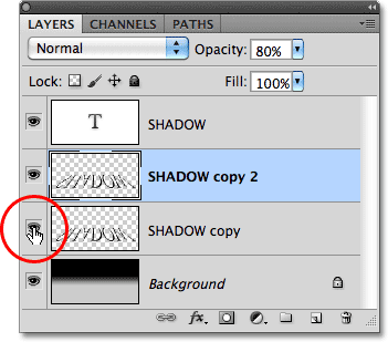 Clicking the layer visibility icon in the Layers panel. Image © 2010 Photoshop Essentials.com.