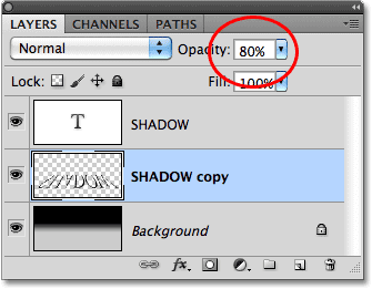 Lowering the opacity of the shadow. Image © 2010 Photoshop Essentials.com.