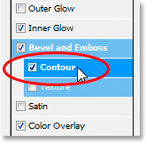 Adobe Photoshop Text Effects: Clicking on the word 'Contour' in the Layer Style dialog box.