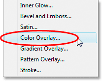 Adobe Photoshop Text Effects: Selecting the 'Color Overlay' layer style.