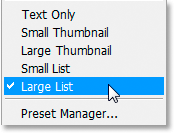 Adobe Photoshop Text Effects: Clicking on 'Large List' from the options.