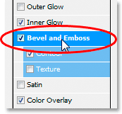 Adobe Photoshop Text Effects: Clicking on the words 'Bevel and Emboss' in the Layer Style dialog box.