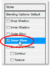 Adobe Photoshop Text Effects: Clicking the words 'Inner Glow' in the list of Layer Styles.