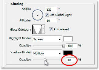 Adobe Photoshop Text Effects: Increasing the Shadow Mode Opacity value to 40%.
