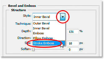 Adobe Photoshop Text Effects: Changing the Style to 'Stroke Emboss'.
