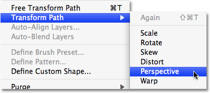 Selecting the Transform Path - Perspective option in Photoshop. Image © 2009 Photoshop Essentials.com