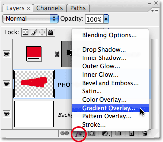 Selecting a Gradient Overlay layer style. Image © 2009 Photoshop Essentials.com