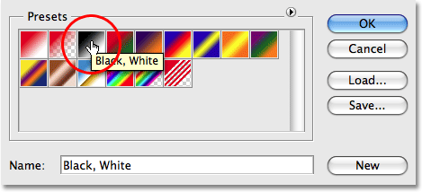 Selecting the Black, White gradient. Image © 2009 Photoshop Essentials.com
