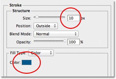 The Stroke options in the Layer Style dialog box in Photoshop. 