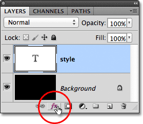 The Layer Styles icon in the Layers panel in Photoshop. 