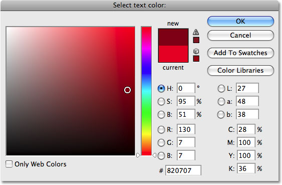 Choosing a darker color in the Color Picker. Image © 2009 Photoshop Essentials.com