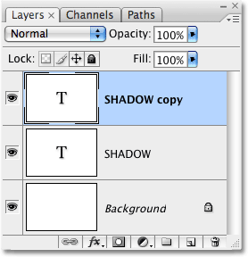A copy of the text layer appears in the Layers palette in Photoshop. Image © 2009 Photoshop Essentials.com