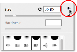 Clicking the menu icon in the Brush Picker in Photoshop. Image © 2011 Photoshop Essentials.com