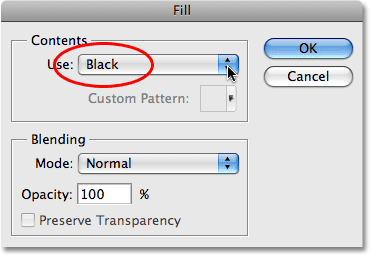 The Fill command dialog box in Photoshop. Image © 2009 Photoshop Essentials.com