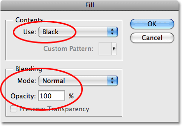 The Fill command dialog box in Photoshop. Image © 2009 Photoshop Essentials.com.