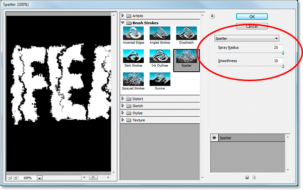 Photoshop's Filter Gallery set to the Spatter filter options.