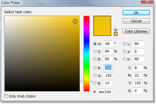 Adobe Photoshop Text Effects: Choosing a color for my text in Photoshop's Color Picker.