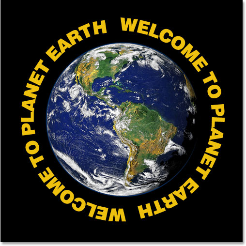 Adobe Photoshop Text Effects: The text now circles around the outside of the planet.